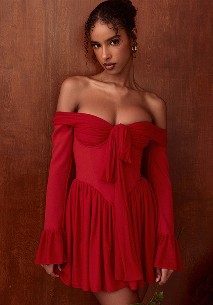 Women's Spring Sexy Off Shoulder Chic Slim Waist Bell Bottom Sleeve Mini Dress