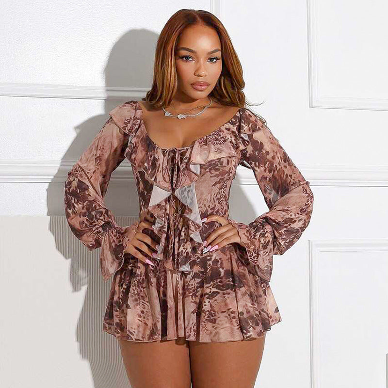 Women Summer/Autumn Ruffled Collar Long-Sleeved Mesh Leopard Print Off-The-Shoulder Pleated Dress 5