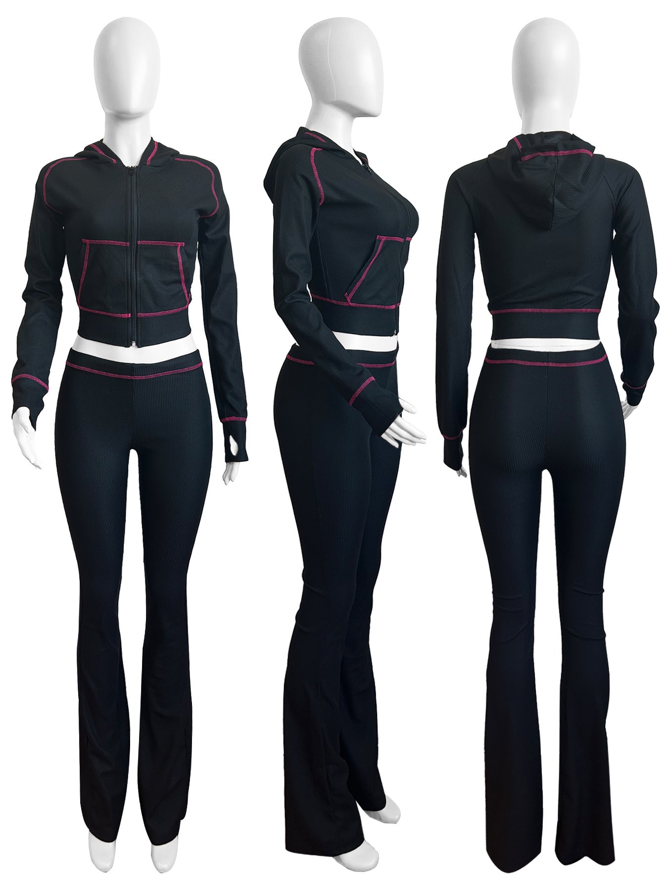 Women's Waffle texture hooded Bell Bottom Casual two piece pants set 10