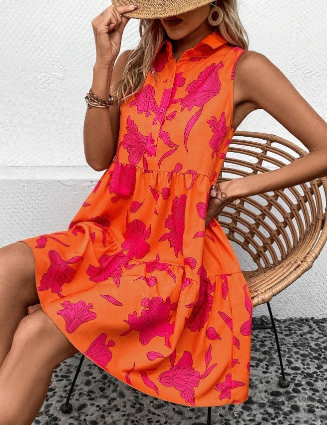 Women's Sleeveless Pleated Floral Print Button Shirt Dress 5