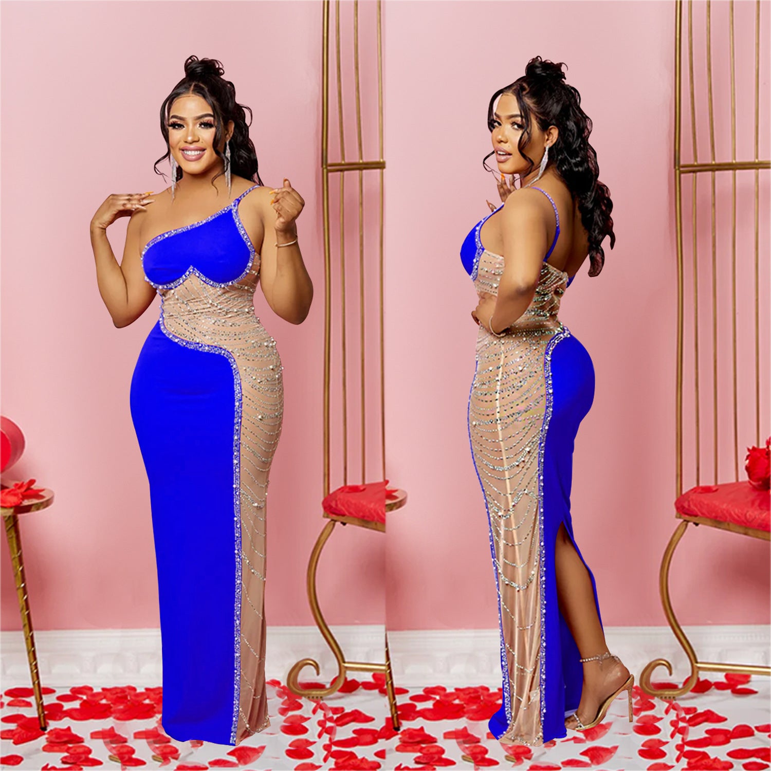 Fashion Women's Solid Color Beaded Sleeveless Strap Long Dress 3