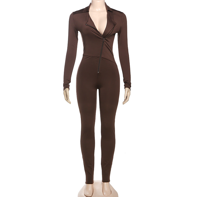 Spring Women's Sexy Tight Fitting V-Neck Long Sleeve Sports Casual Solid Color Jumpsuit 8