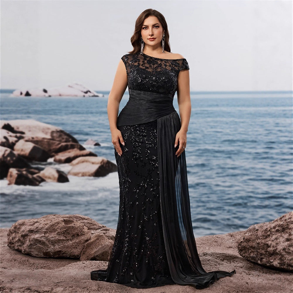 Plus Size Women's Elegant Sequin Patchwork Fitted V-Neck Sleeveless Evening Dress Mother of the Bride Gown 7
