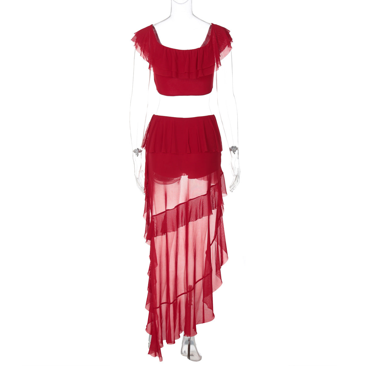 Women Solid sexy wrap chest Top and pleated layered mesh irregular Maxi Skirt two-piece set 7