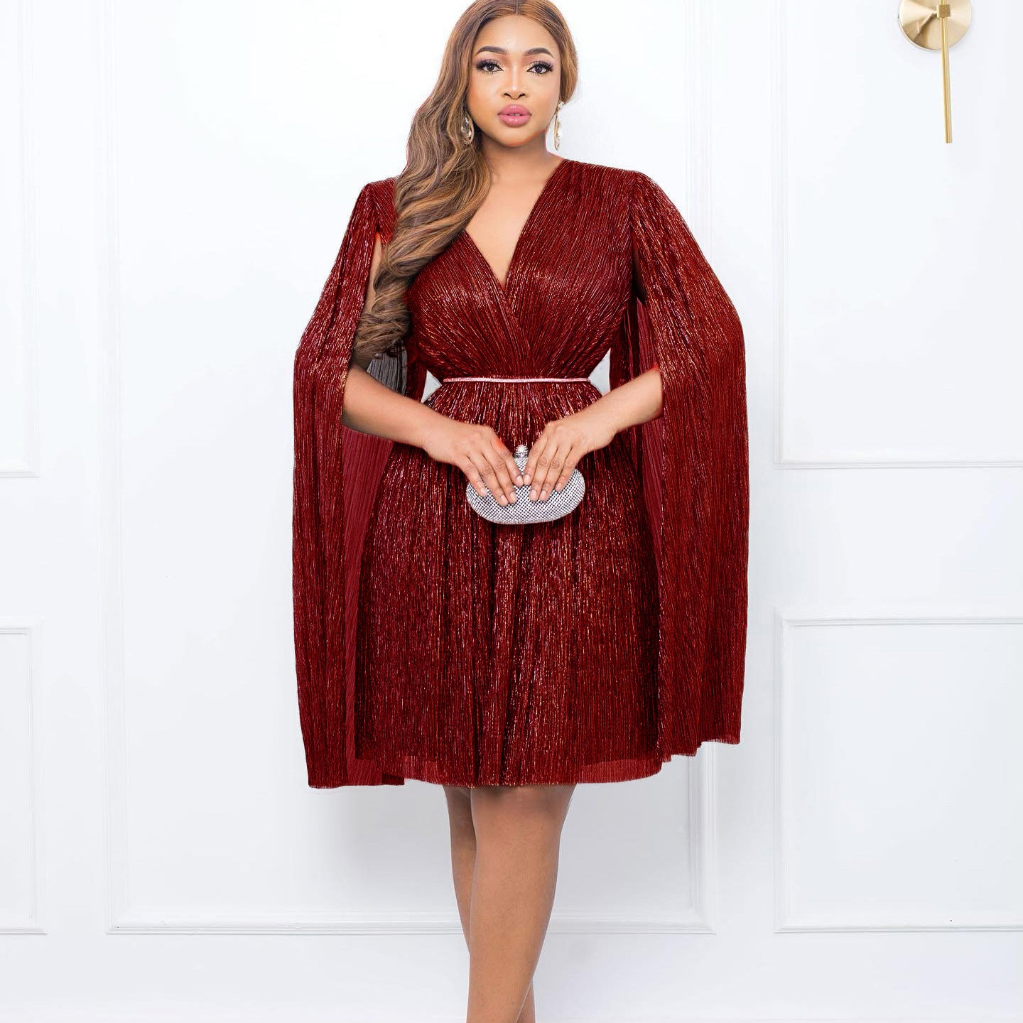Belted V-Neck Chic Long Sleeve Cape Slim Waist Gown Dress 6