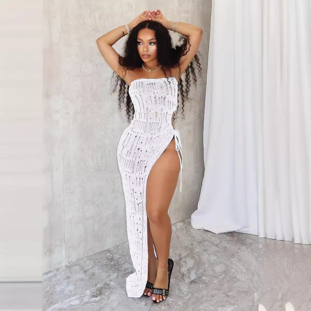 Women's Fashion Strapless Slim Waist Slit Knitting Dress 7