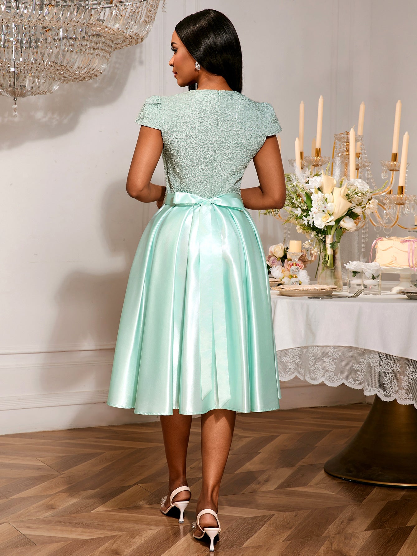 Summer Round Neck Rose Jacquard Bridesmaid Dress Bow Lace-Up Elegant Party Gown 6