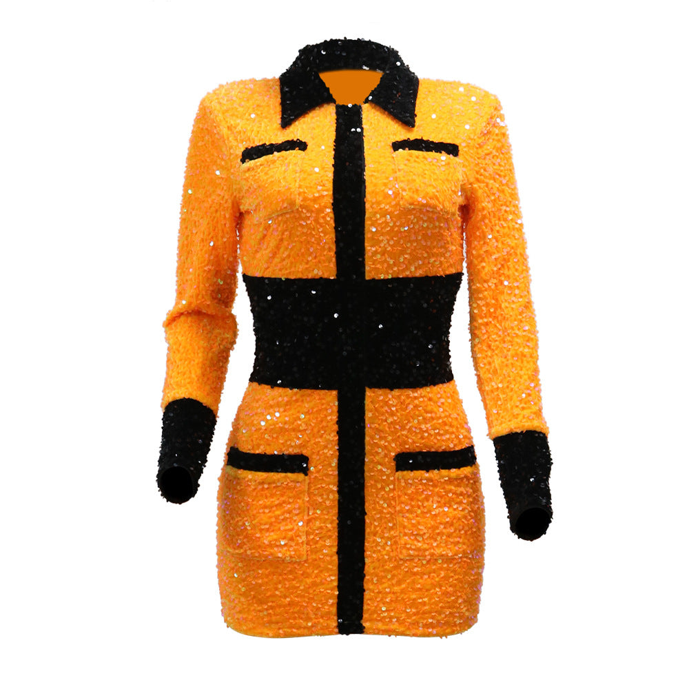 Women Sequined Color Block Party Dress 12