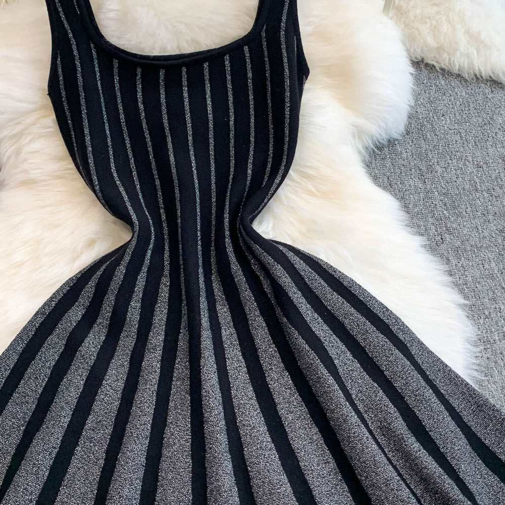 Chic Elegant Stripes Slim Waist Strap Knitting A-line Short Dress for Women 11