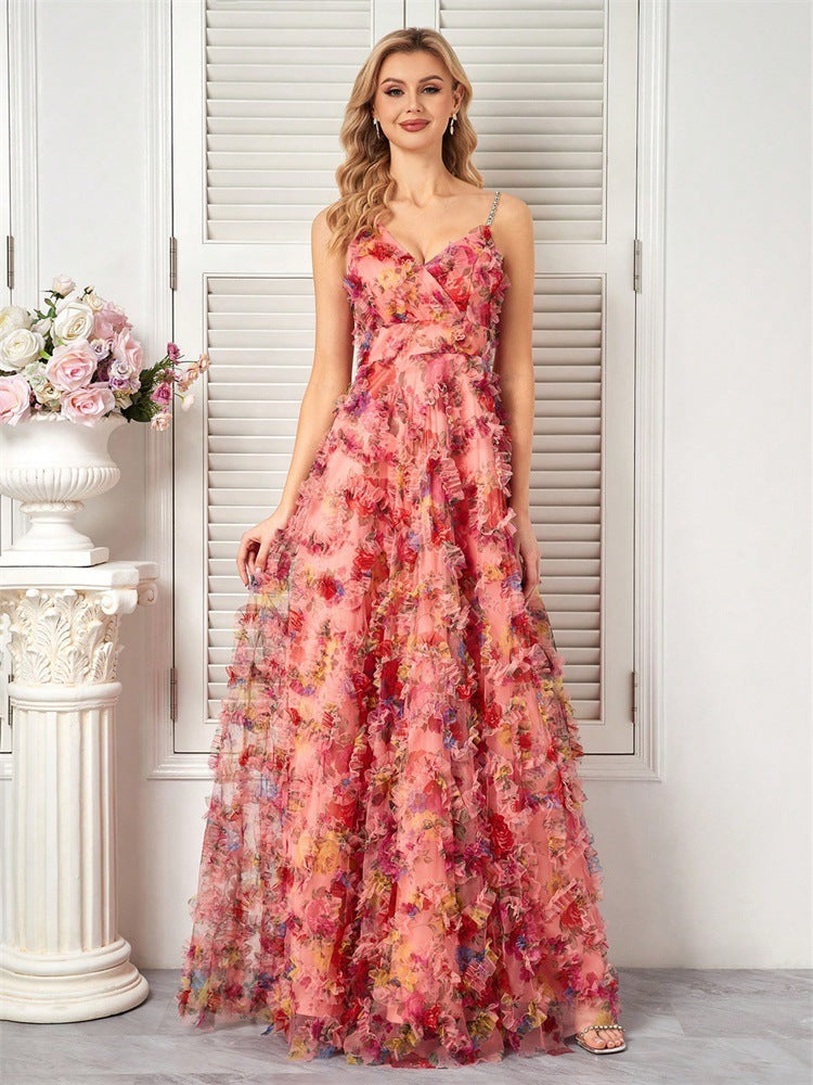 Women V-neck suspender floral elegant prom evening dress