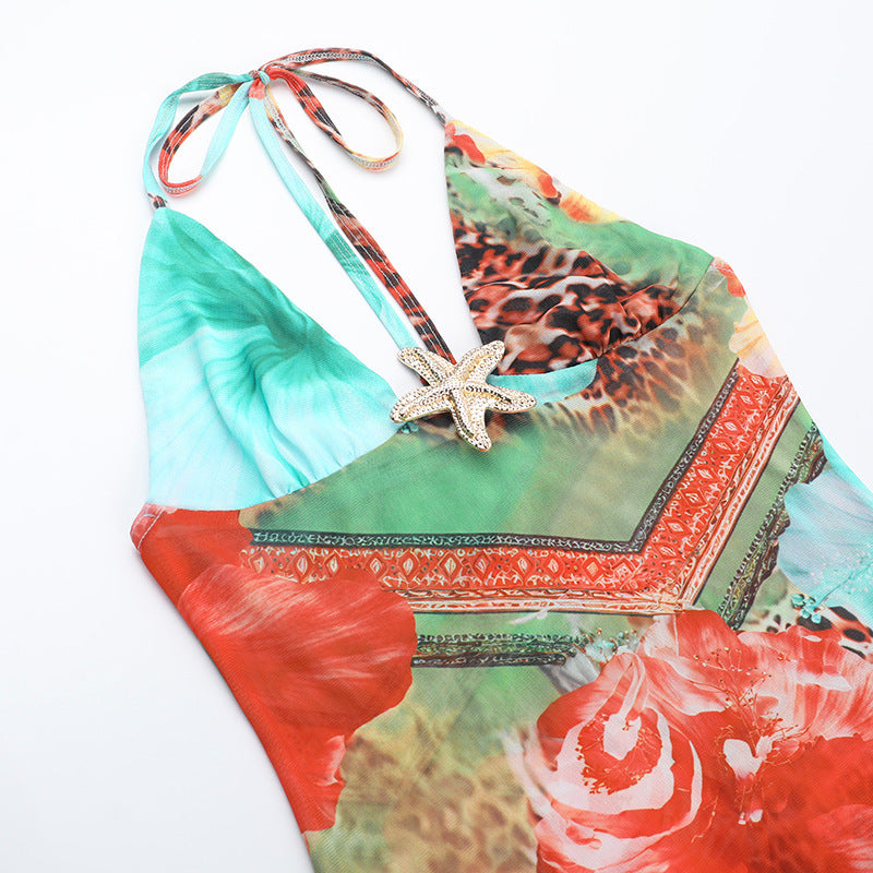 Women Summer Sexy Backless Suspender Print Beach Holidays Dress 11