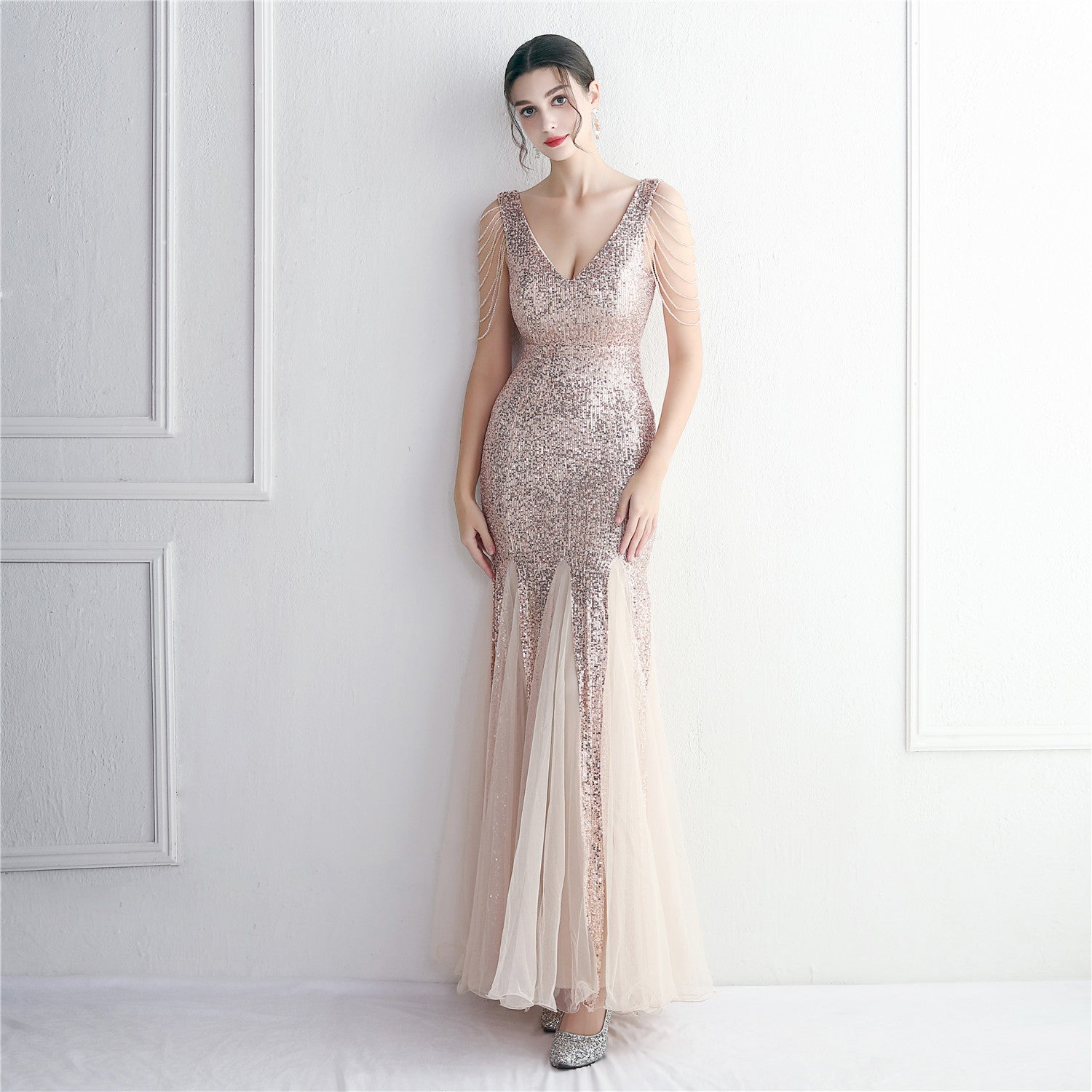 Beaded Mesh Evening Dress Long Formal Party Slim Evening Dress 11