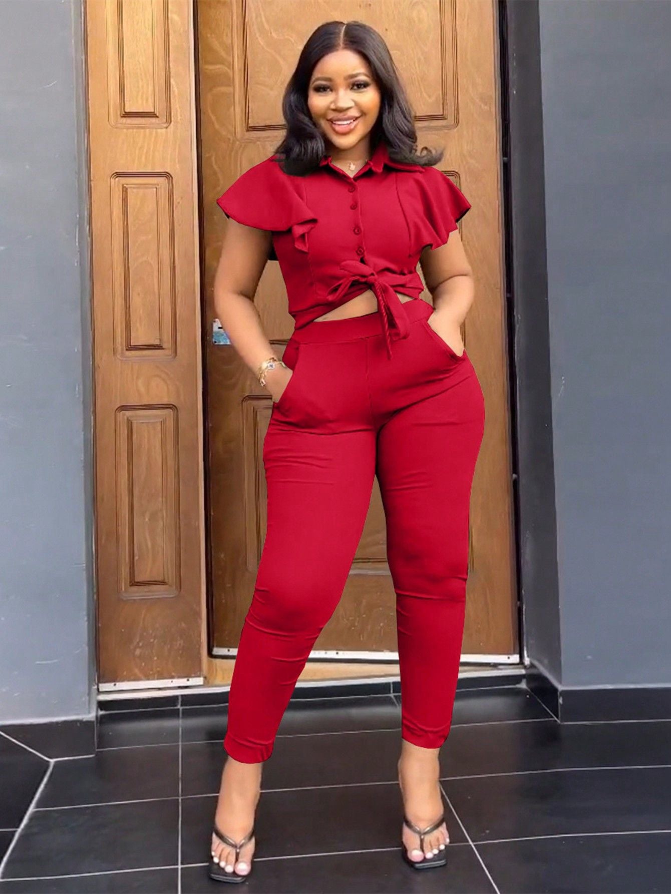 Women's Two-Piece Ruffle Sleeve Lace-Up Shirt Waist Elastic Trousers Set 3