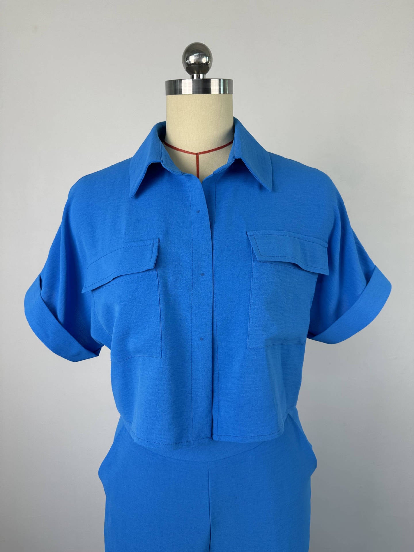 Women Casual Solid Turndown Collar short-sleeved shirt and wide-leg Pant two-piece set 13