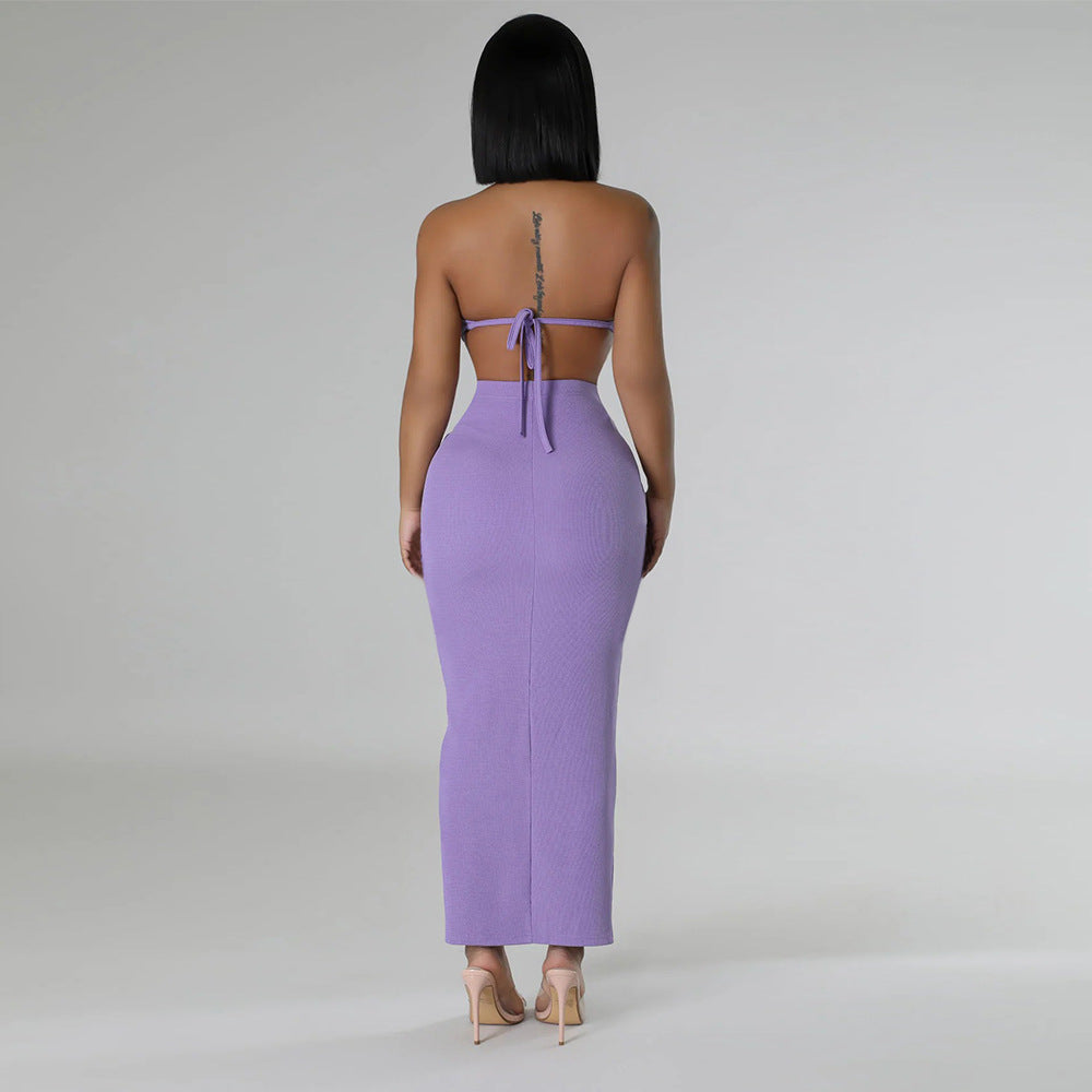 Fashion casual summer solid color sleeveless halter backless two piece skirt set 8