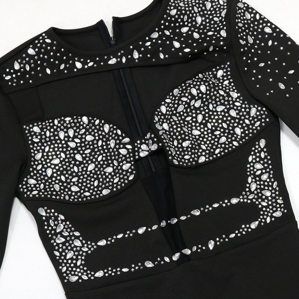 Women Round Neck Long Sleeve Beaded Hollow High Slit Dress 7