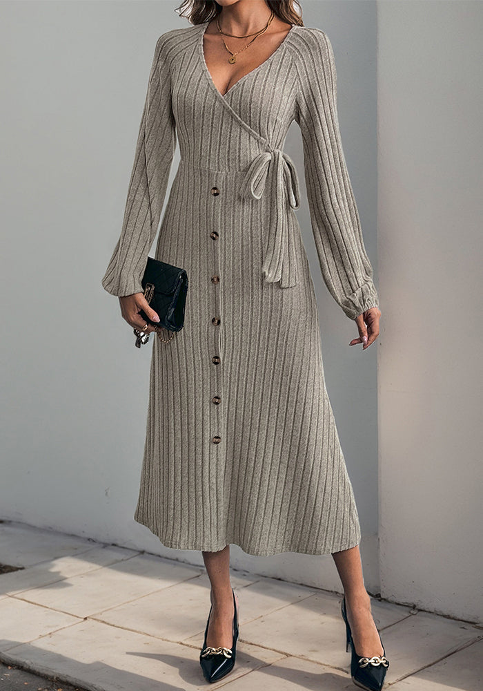 Women autumn and winter v-neck solid button-lace knitting dress