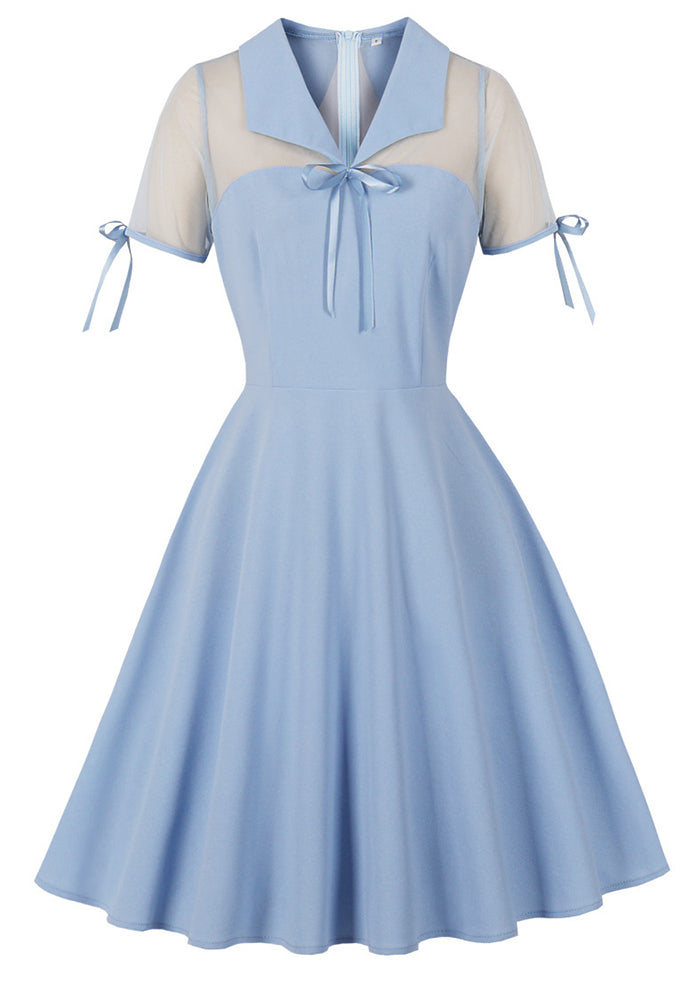 Women's Slim Waist Turndown Collar Bow Short Sleeve Chic Elegant A-Line Dress