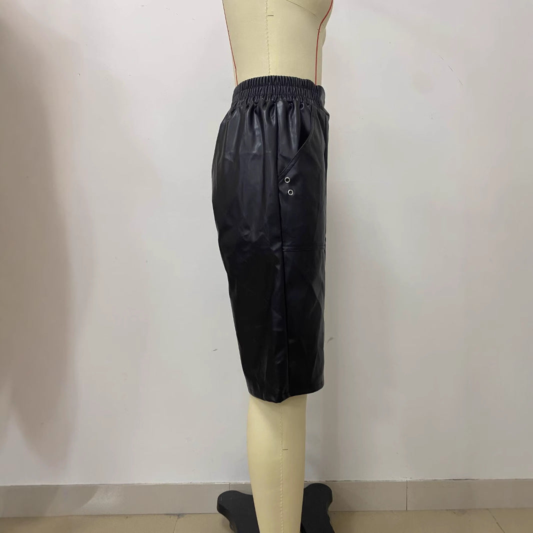 Women Summer Loose Casual Pocket Pu-Leather Shorts 5