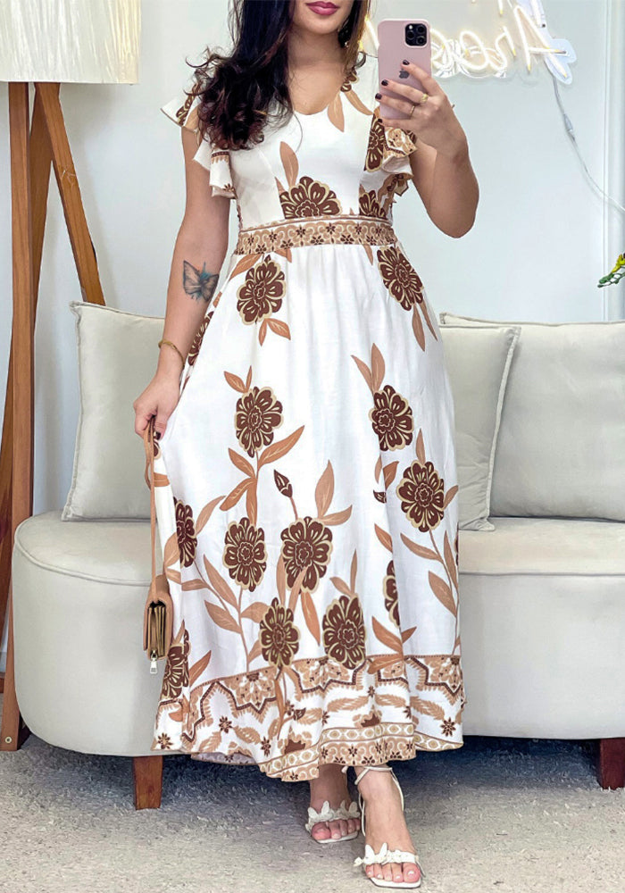 Retro Floral Print V-Neck Ruffle Sleeve Slim Waist Long Dress
