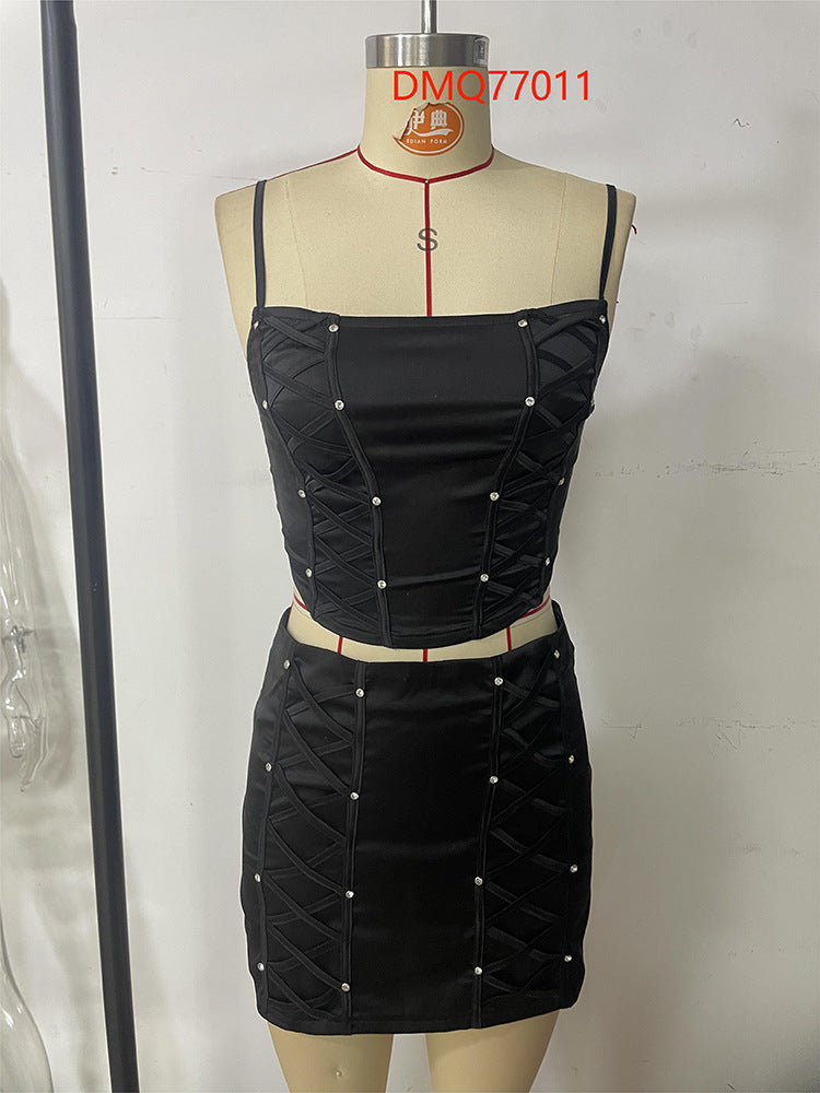 Summer Sexy Beaded Camisole Bodycon Short Skirt Fashion Two Piece Set 7