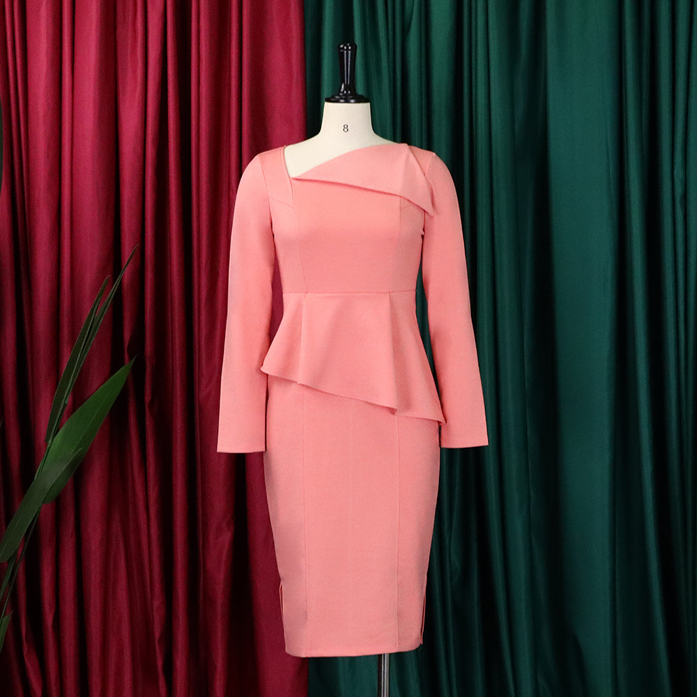 Plus Size African Women Fall Slash Shoulder Elegant Long Sleeve Dress 12