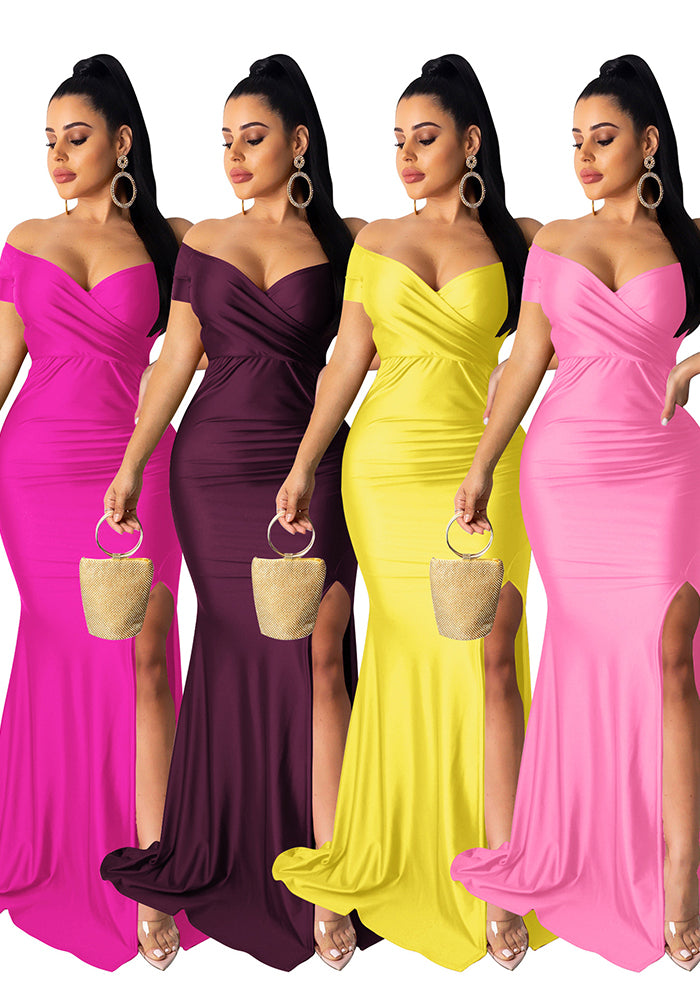Women Short Sleeve French Sexy V-Neck Evening Dress solid Split Long Dress 12