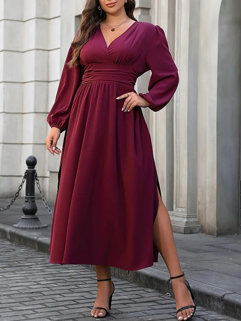 Plus Size Women Lantern Sleeve Slit Dress 3