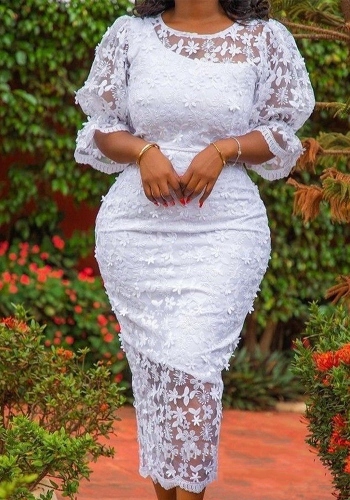 Women African Round Neck Lace Embroidery Lace Irregular Dress