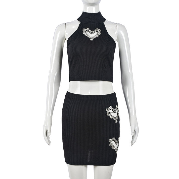 Women's Heart Rhinestone Hollow Crop Vest Short Skirt Casual Fashion Two Piece Set 5