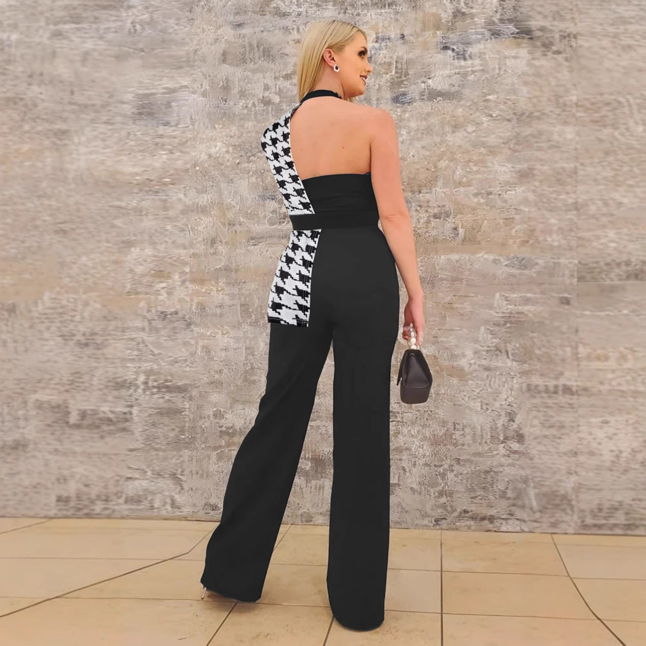 Sexy Printed One-Shoulder Sleeve Elastic Slim Waist Wide-Leg Jumpsuit Two-Piece Suit 4