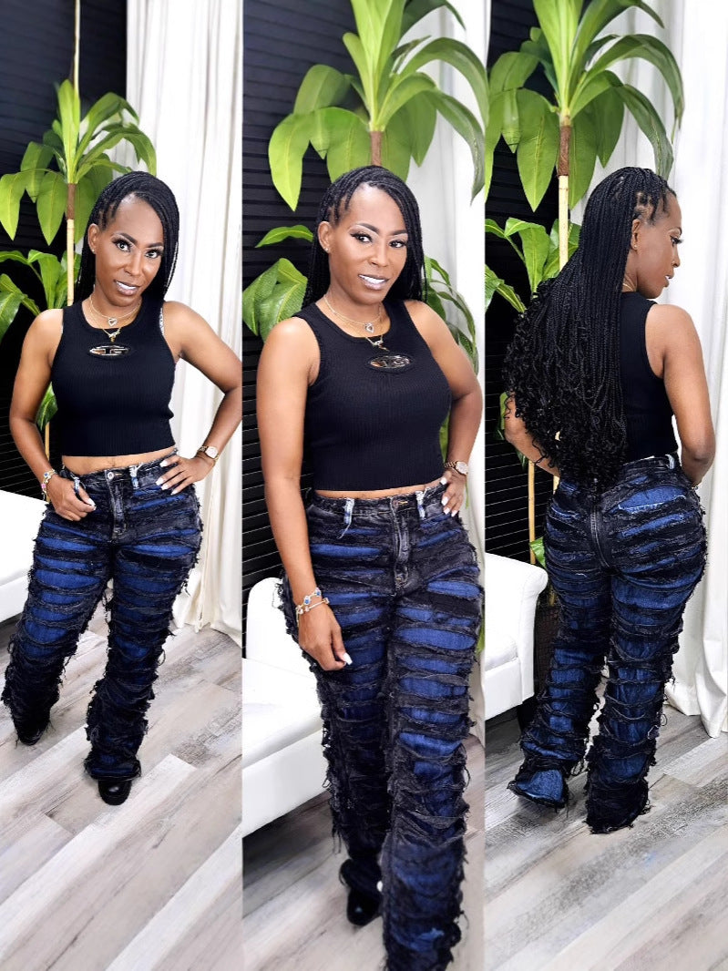Women Double Ripped Denim Pants 6