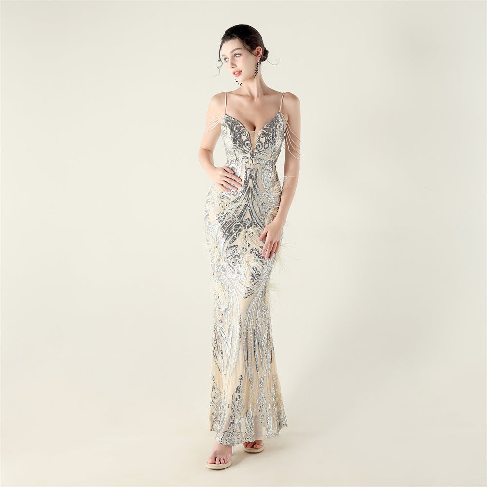 Women Beaded Feather Decoration Beaded Fishtail Evening Dress 11