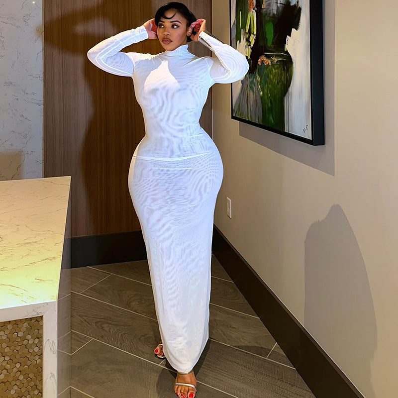 Women Elegant Sexy Backless Stand Collar Long Sleeve Solid Maxi Dress 3