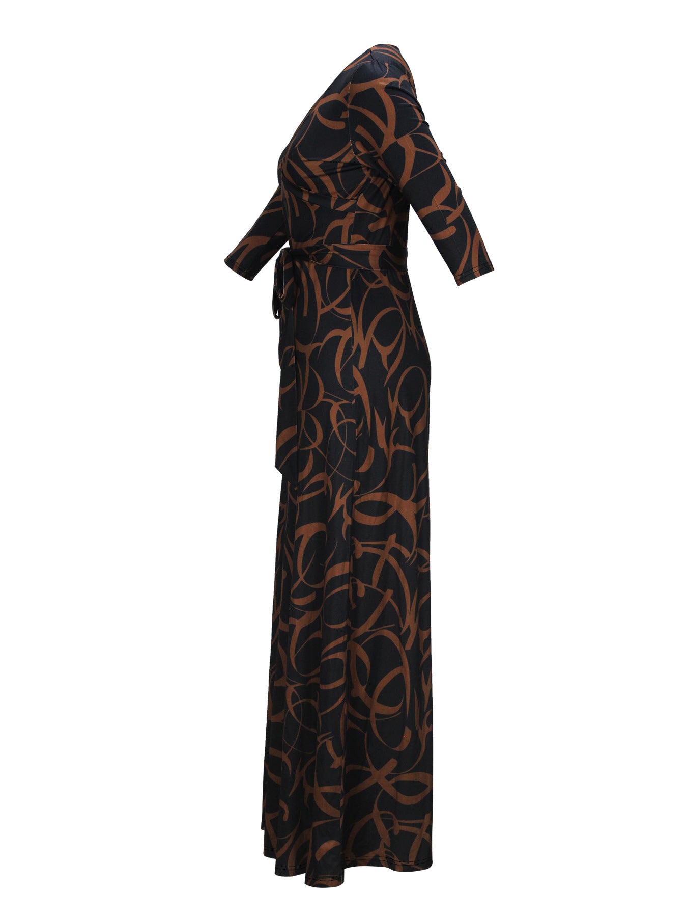 Spring & Autumn Women's Fashion Elegant Wrap V-Neck Half-Sleeve Print Belt Maxi Dress 84