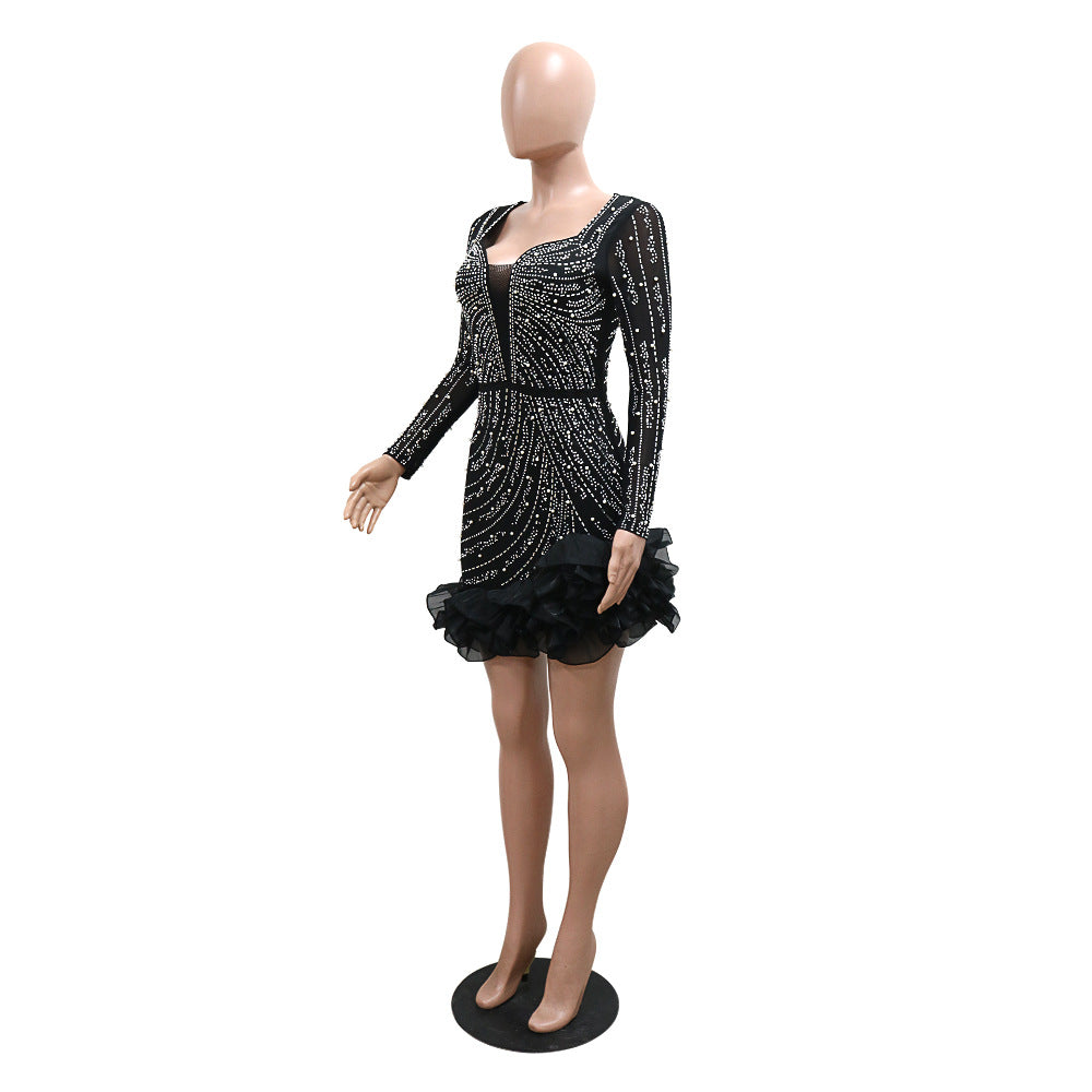 Women Beaded Long Sleeve Square Neck Dress 15