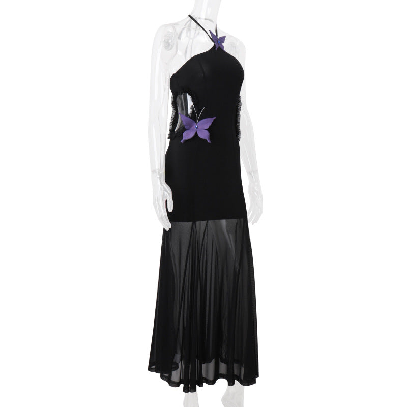 Women autumn sexy Off Shoulder Halter Neck butterfly decoration Holidays dress 7