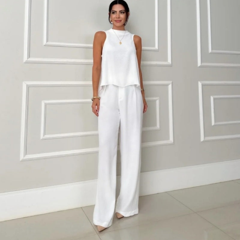 Women's Fashion Loose Sleeveless Top & Solid Color Wide-Leg Casual Pants Set 8
