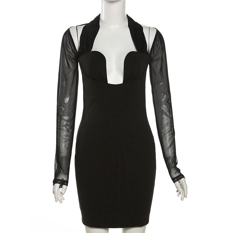 Autumn And Winter Women's Fashion Halter Neck Sexy Low-Cut Mesh Patchwork Bodycon Dress 9