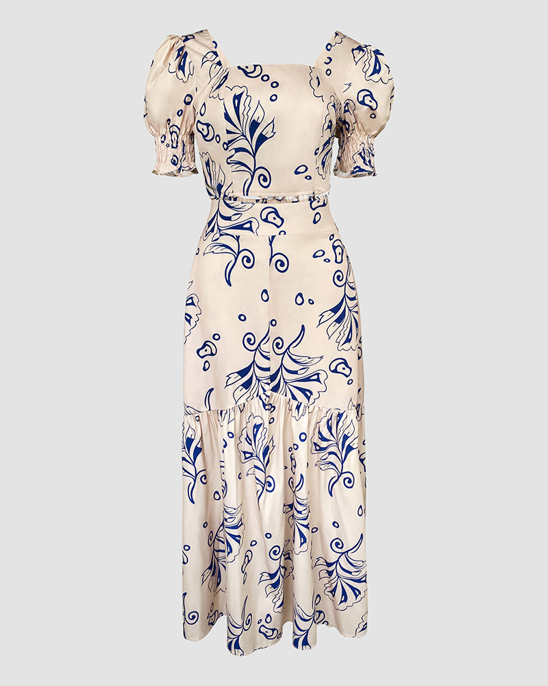 Floral Puff Sleeve Short Top & A-Line Long Skirt Set 6