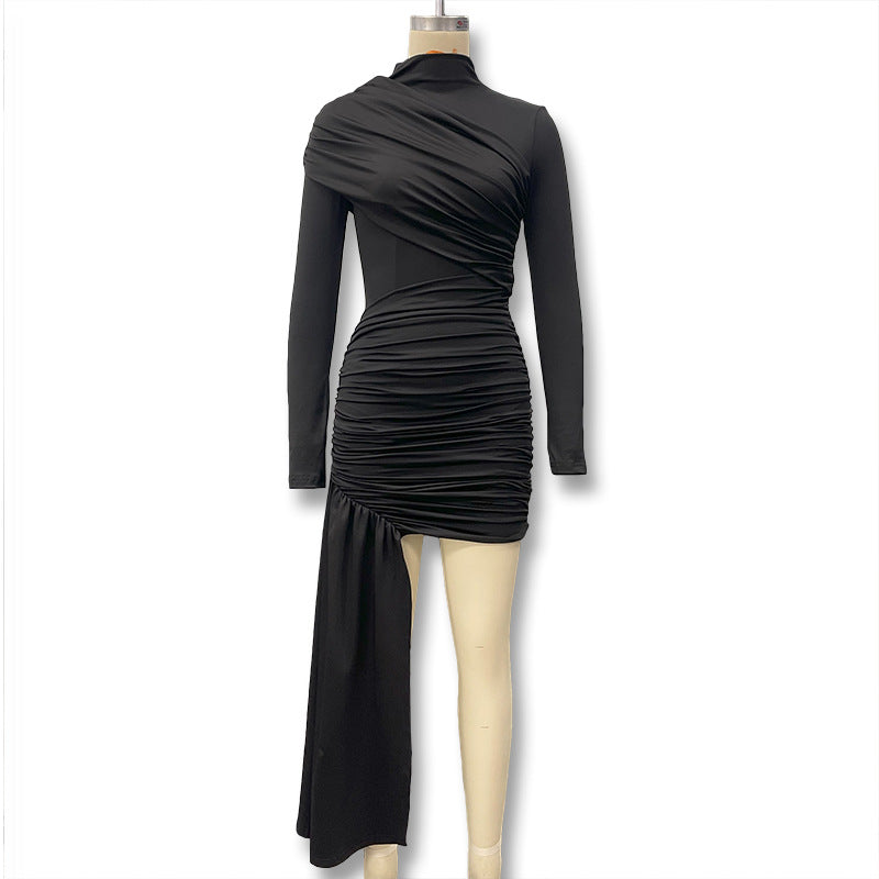 Women's Autumn Fashion Slim Fit Round Neck Long Sleeve Shirred Bodycon Irregular Ribbon Dress 11