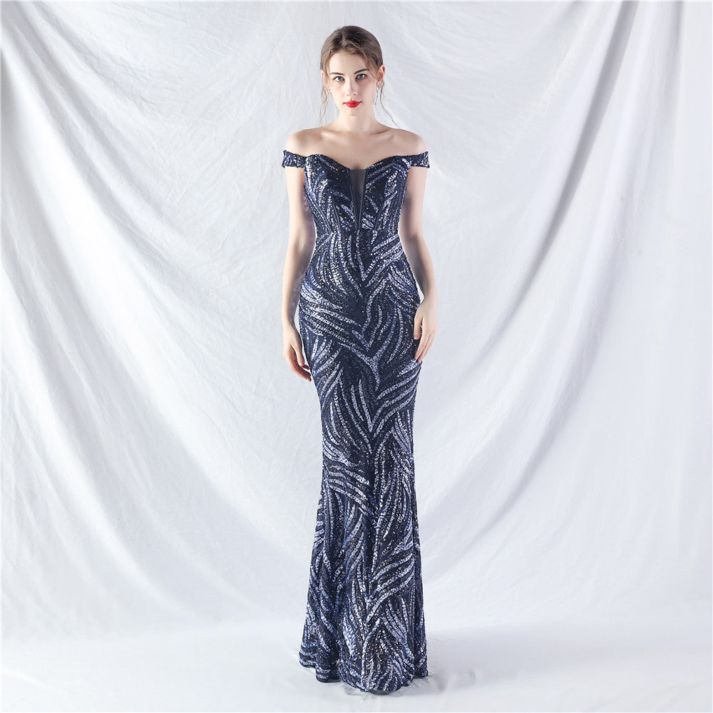 Elegant off shoulder sequin Fishtail Plus Size Formal Party Evening Dress 3
