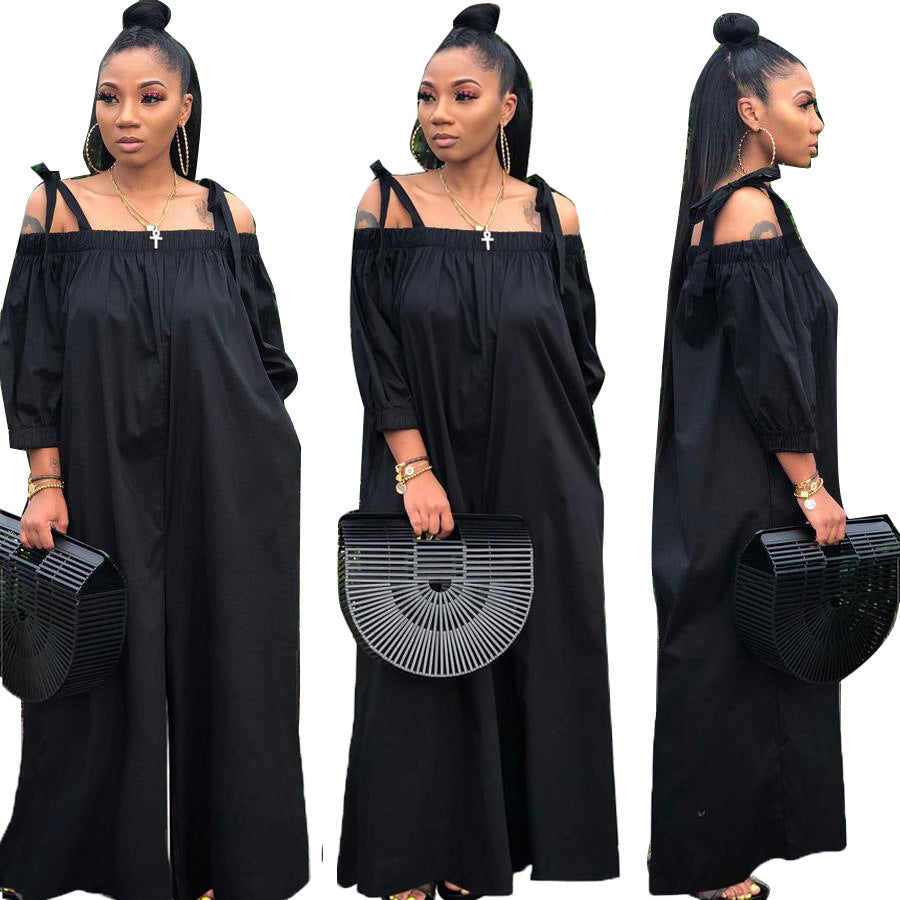 Women Casual Off Shoulder Lantern Sleeve Suspender Loose Wide Leg Jumpsuit 7