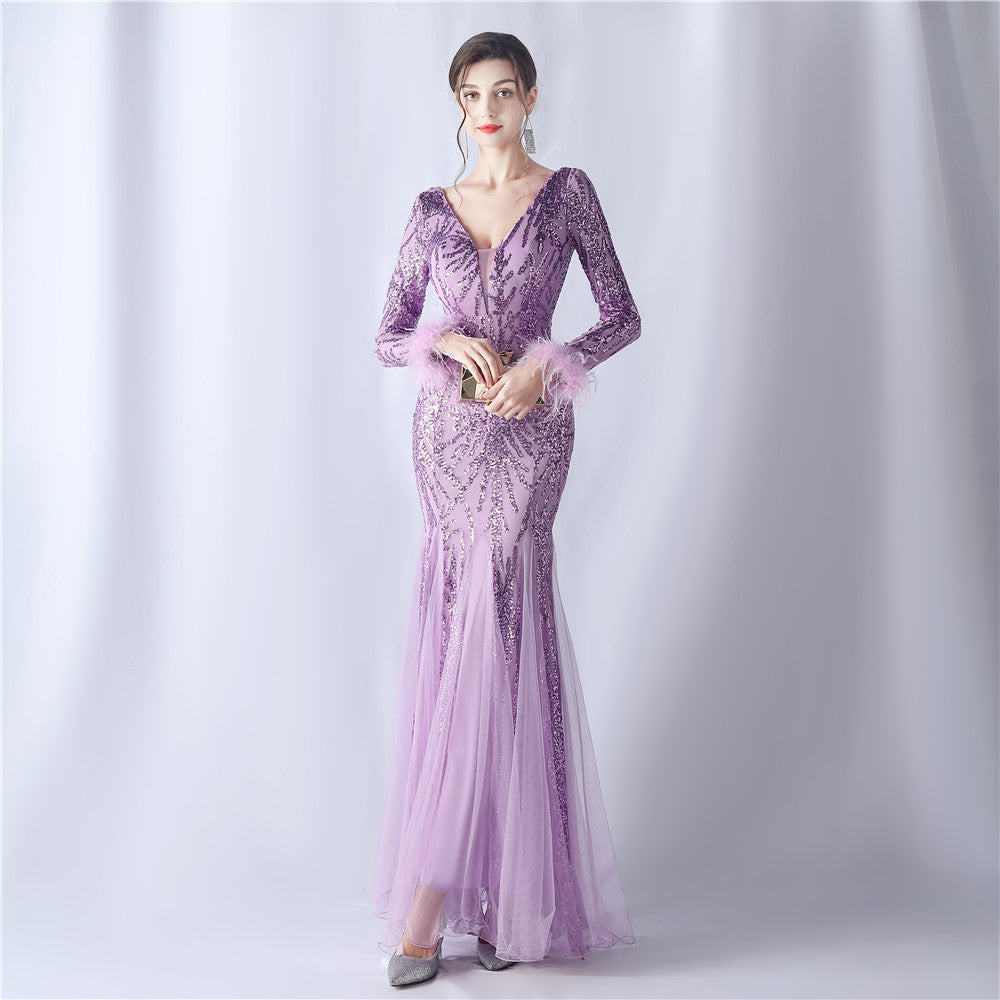 Women ostrich feather mesh sequin evening dress 14