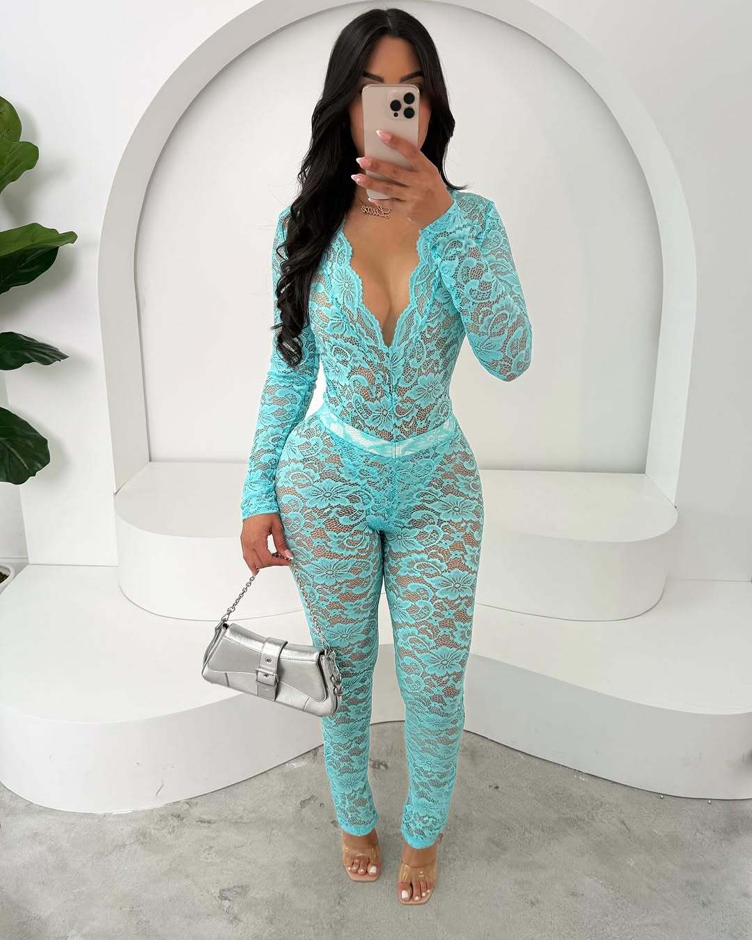 Women Solid Sexy Lace Hollow V Neck See-Through Long Sleeve Top Trousers Two Piece Set 14