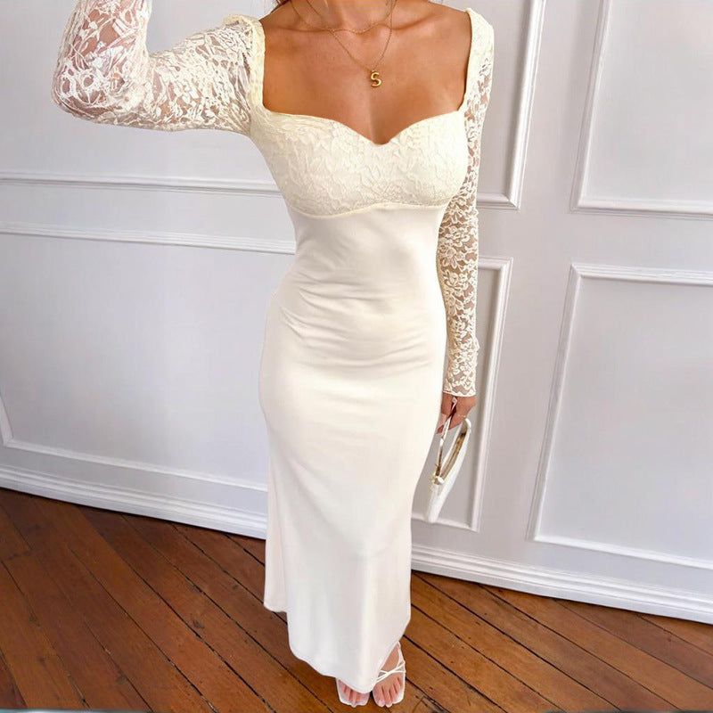Sexy Lace Long-Sleeve Long Dress Chic Low Back Bodycon Dress 3