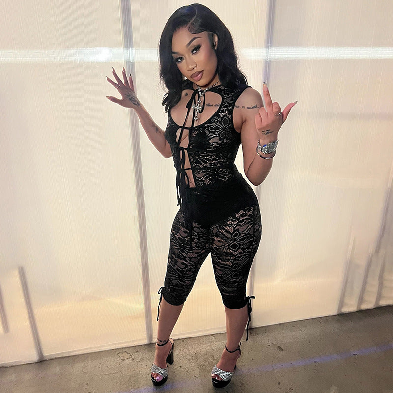 Lace Hollow Out Tie Front Vest High Waist Shorts Sexy Summer Two Piece Set 4