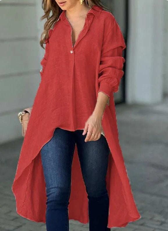 Women Fall Long-sleeved Solid Turndown Collar Shirt 8