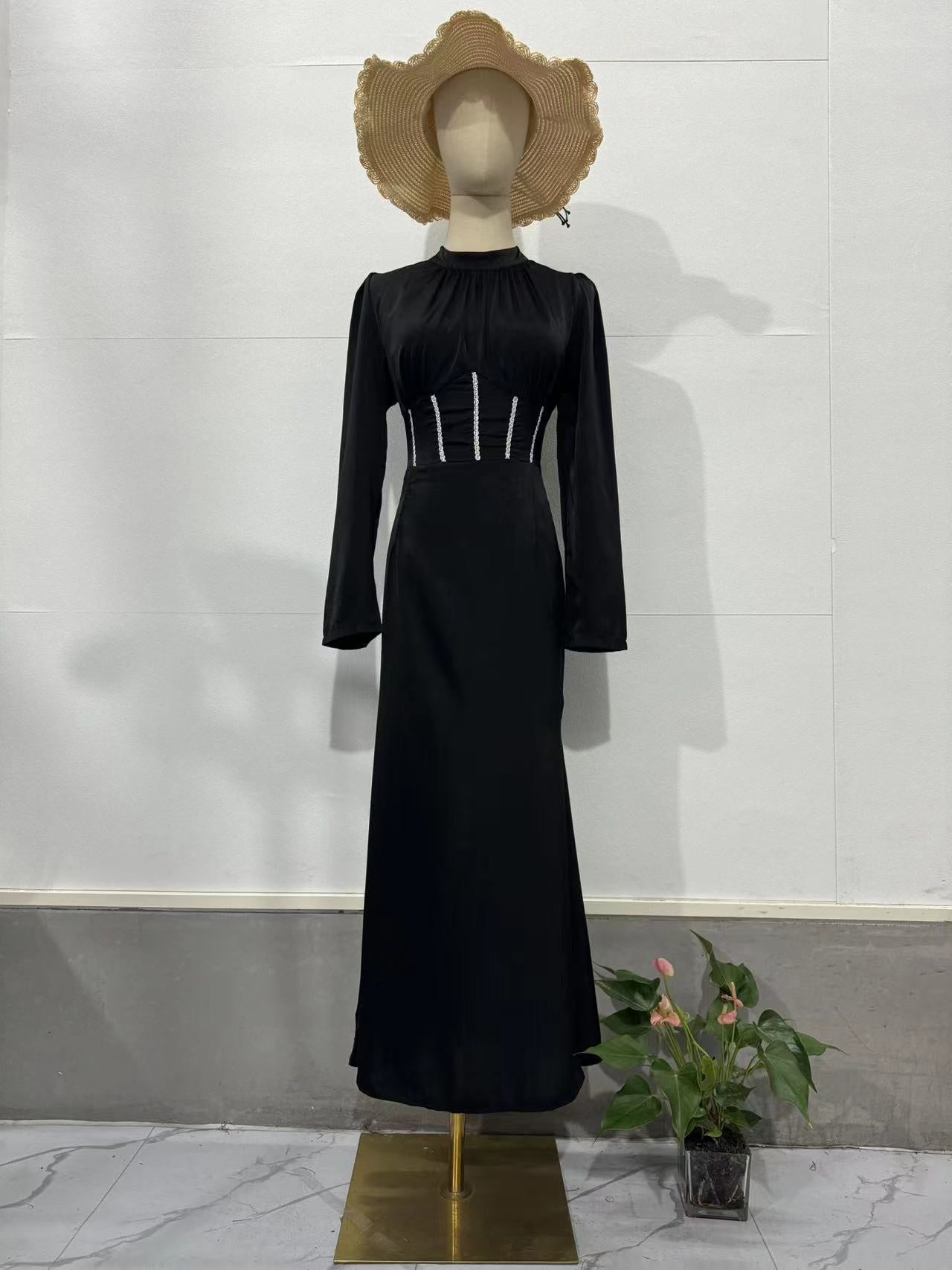 Autumn Slim Long-Sleeved Pleated Lace-Up Irregular Long Dress For Women 19