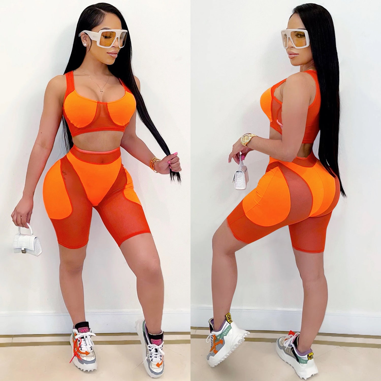 Women casual solid mesh color-blocking Top and Shorts Two Piece Set 5